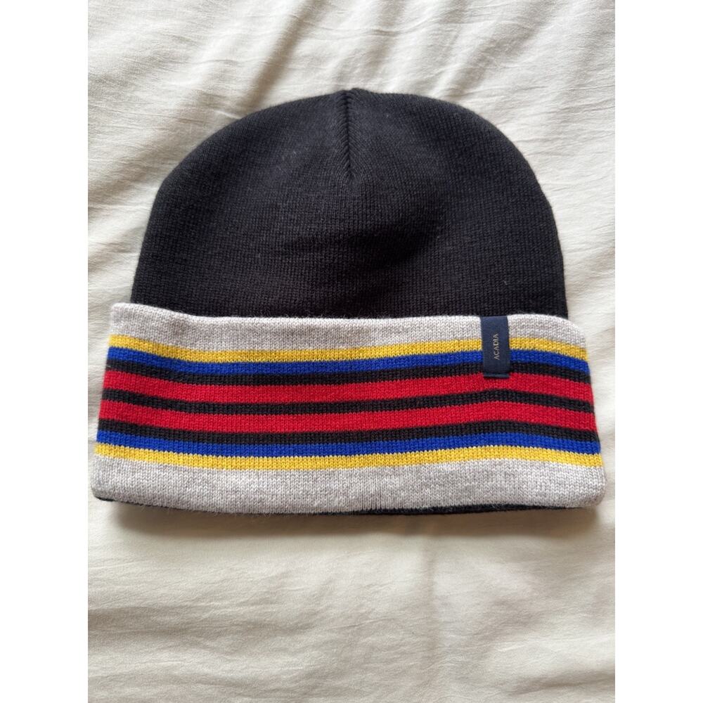 Pendleton Knit Beanie Hat Striped Cuff Black Red Blue Yellow Acrylic Winter Cap